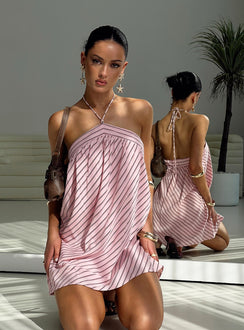 front view of model wearing Princess Polly Moonlit Mini Dress Pink Stripe Asymmetric Neckline 