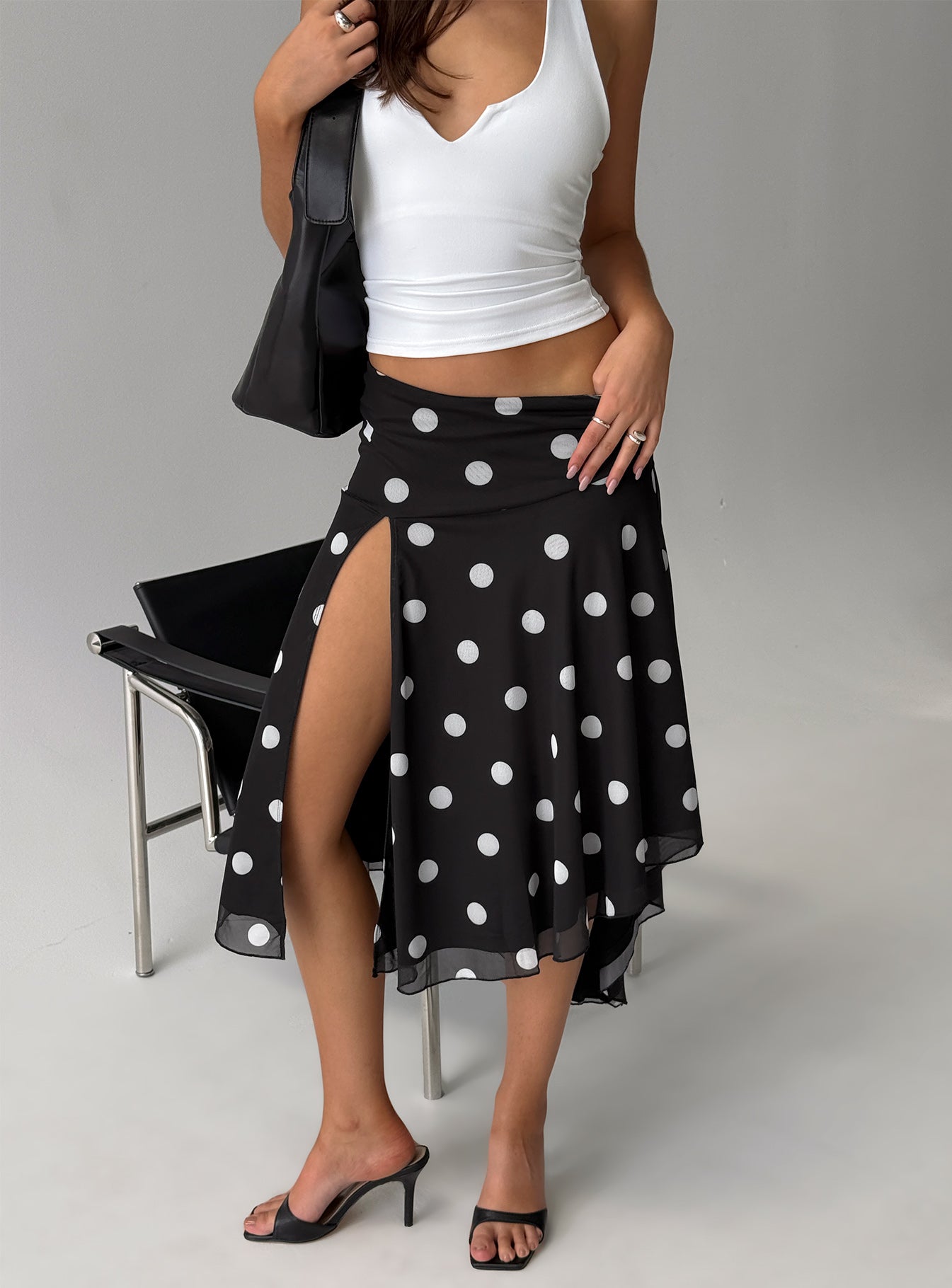 Dulciana High Split Asymmetrical Midi Skirt Black / Polka Dot