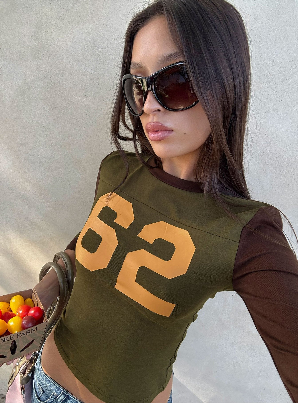 62 Varsity Long Sleeve Graphic Top Khaki Multi