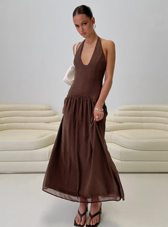side view of model wearing Princess Polly Chestnut Drop Waist Maxi Dress Brown Plunger 
