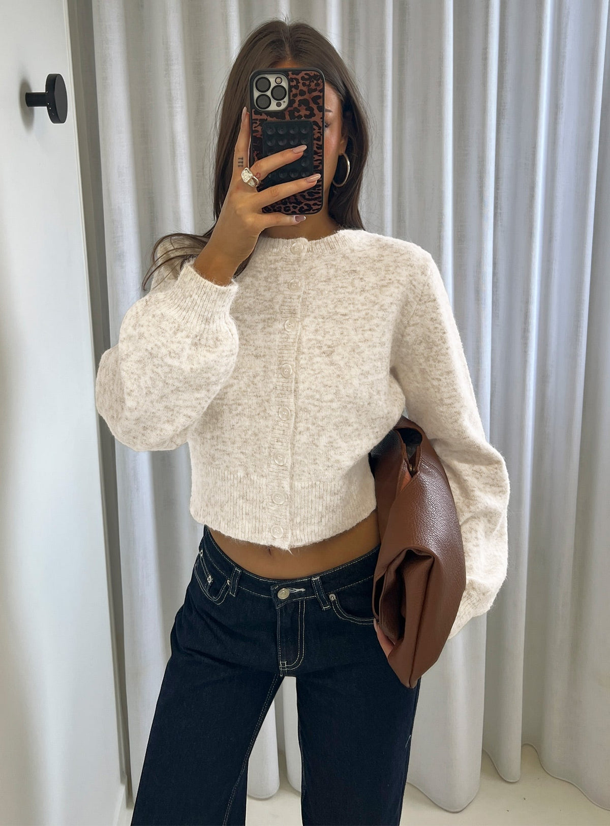 front view of model wearing Princess Polly Dawsen Button Down Cardigan Cream cropped Jumpers 