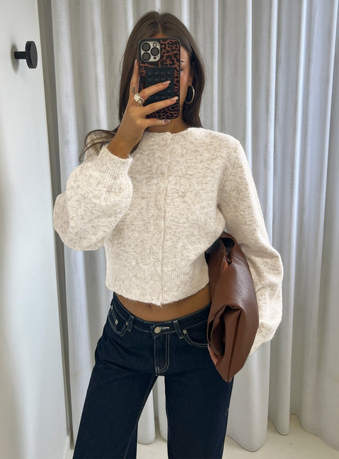 front view of model wearing Princess Polly Dawsen Button Down Cardigan Cream cropped Jumpers 