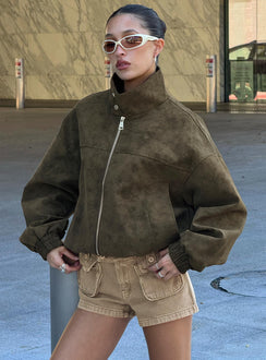 Ellissa Faux Suede Bomber Jacket Khaki