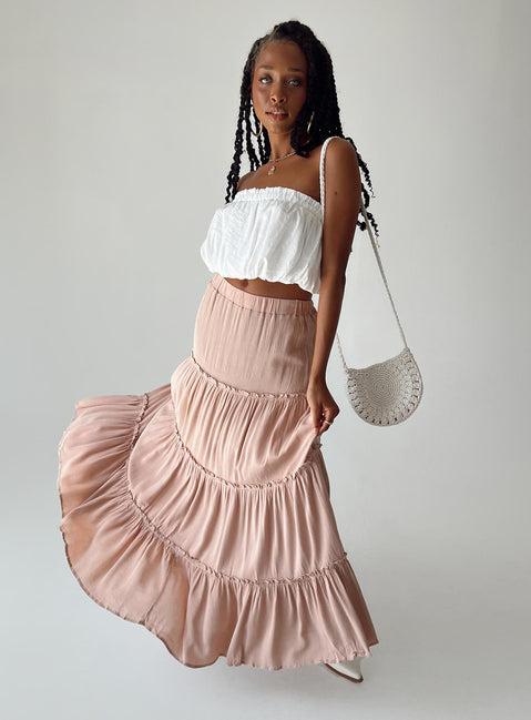   side view of model wearing Princess Polly Miriah Maxi Skirt Beige Maxi 