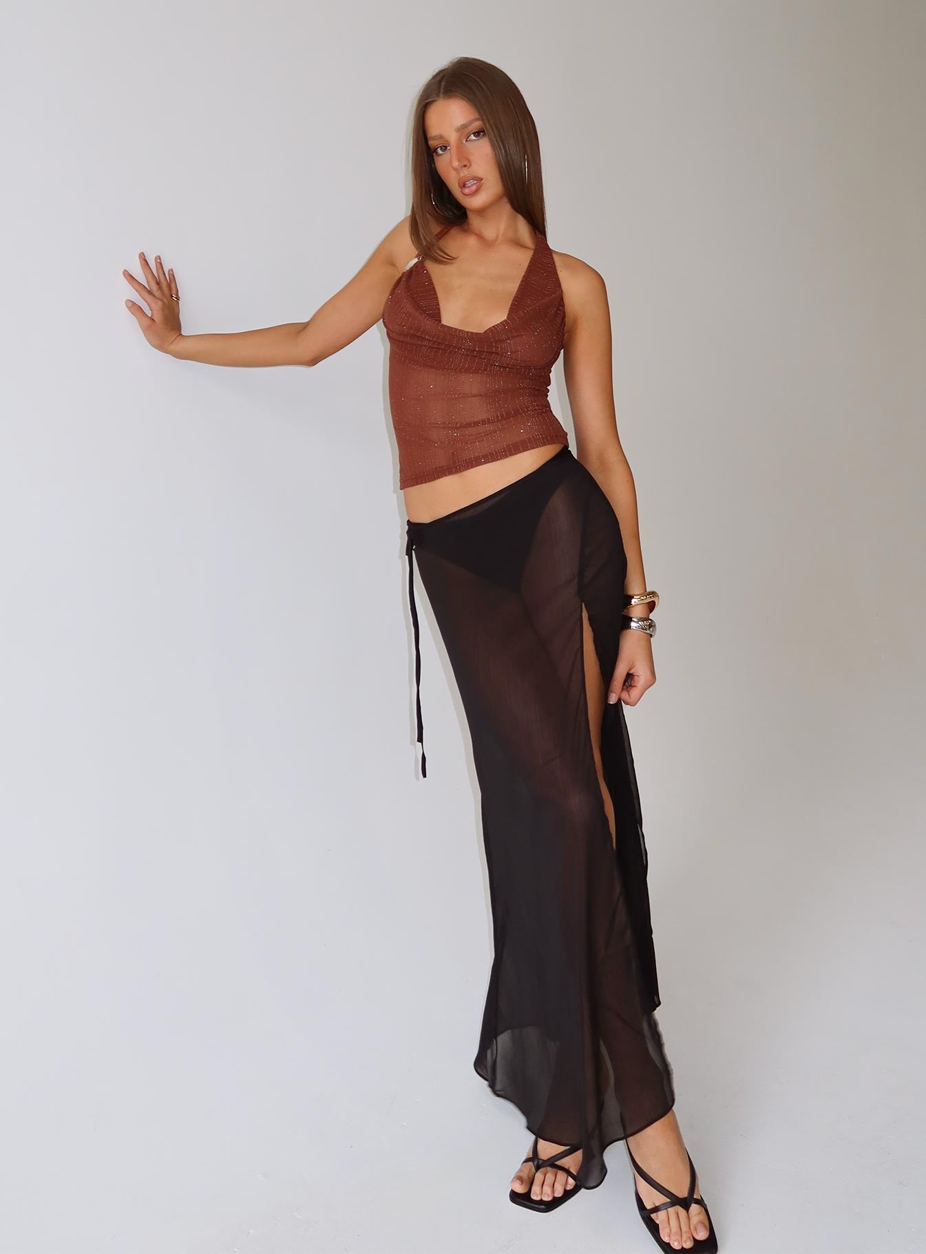 Onyxa Sheer Wrap Maxi Skirt Black