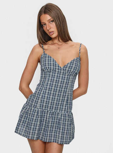 Jessamae Drop Waist Playsuit Blue Check