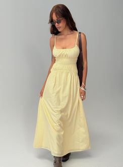 side view of model wearing Princess Polly Magnolie Shirred Maxi Dress Yellow Stripe Square Neck 