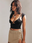 Crop top V neckline Cap sleeve Keyhole cut out Good stretch Partially lined