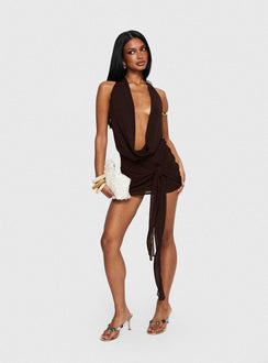 Snakepit Halter Plunge Mini Dress Chocolate