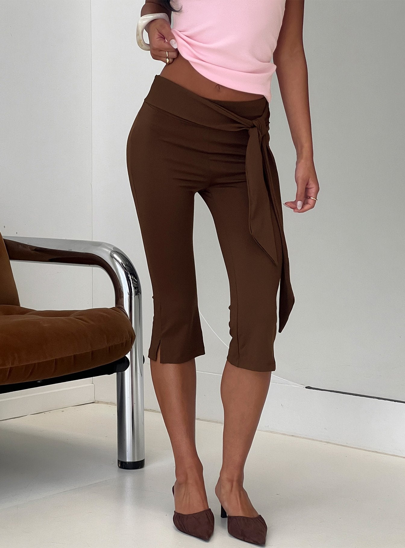 Lizana Tie Side Capri Pants Brown