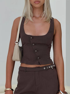 front view of model wearing Princess Polly Airi Top Brown Sleeveless Scoop Neck 