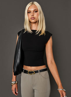 front view of model wearing Princess Polly Ayumi Top Black Short Sleeves Crew Neck 