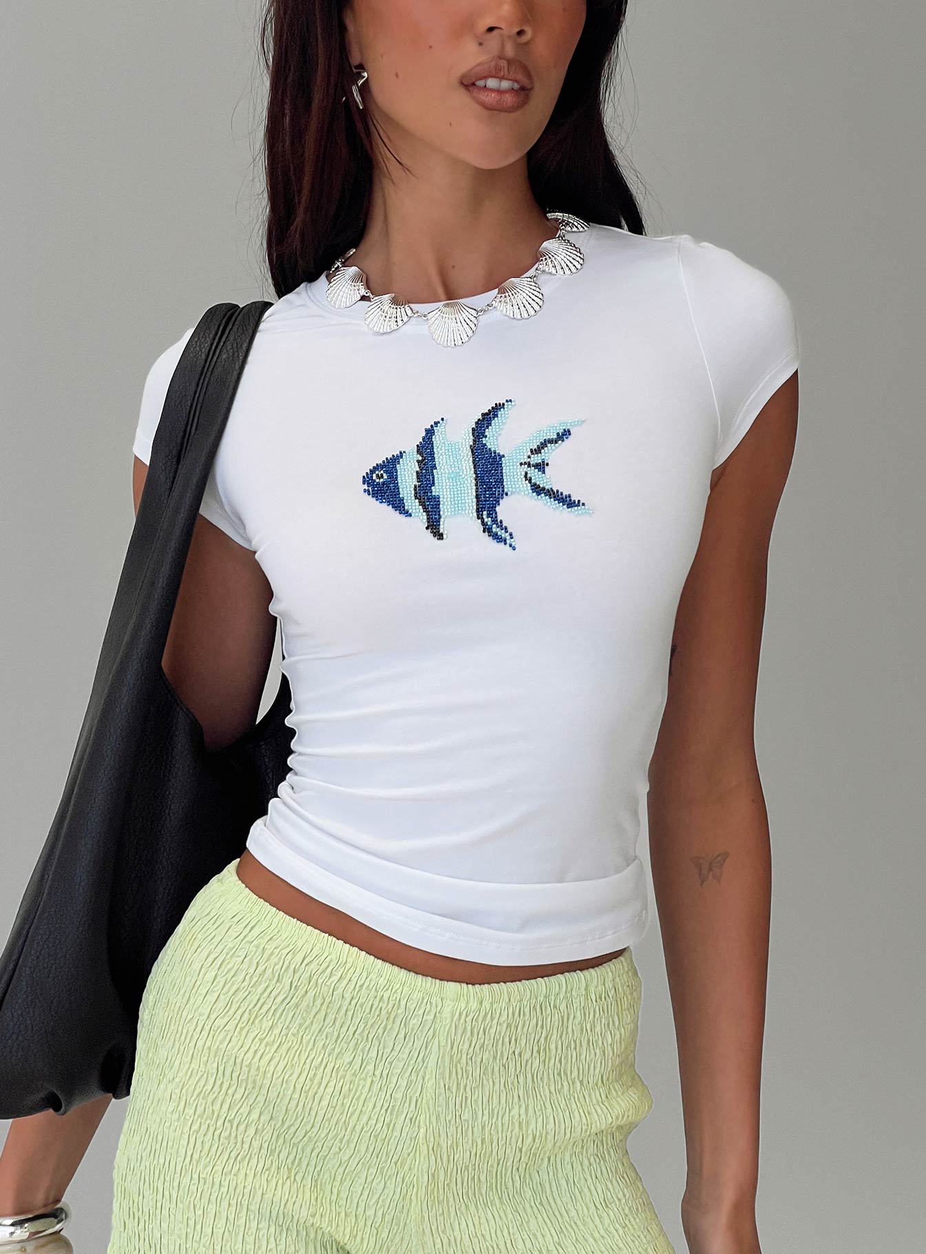 front view of model wearing Princess Polly Rising Sun Beaded Top White Short Sleeves Crew Neck 