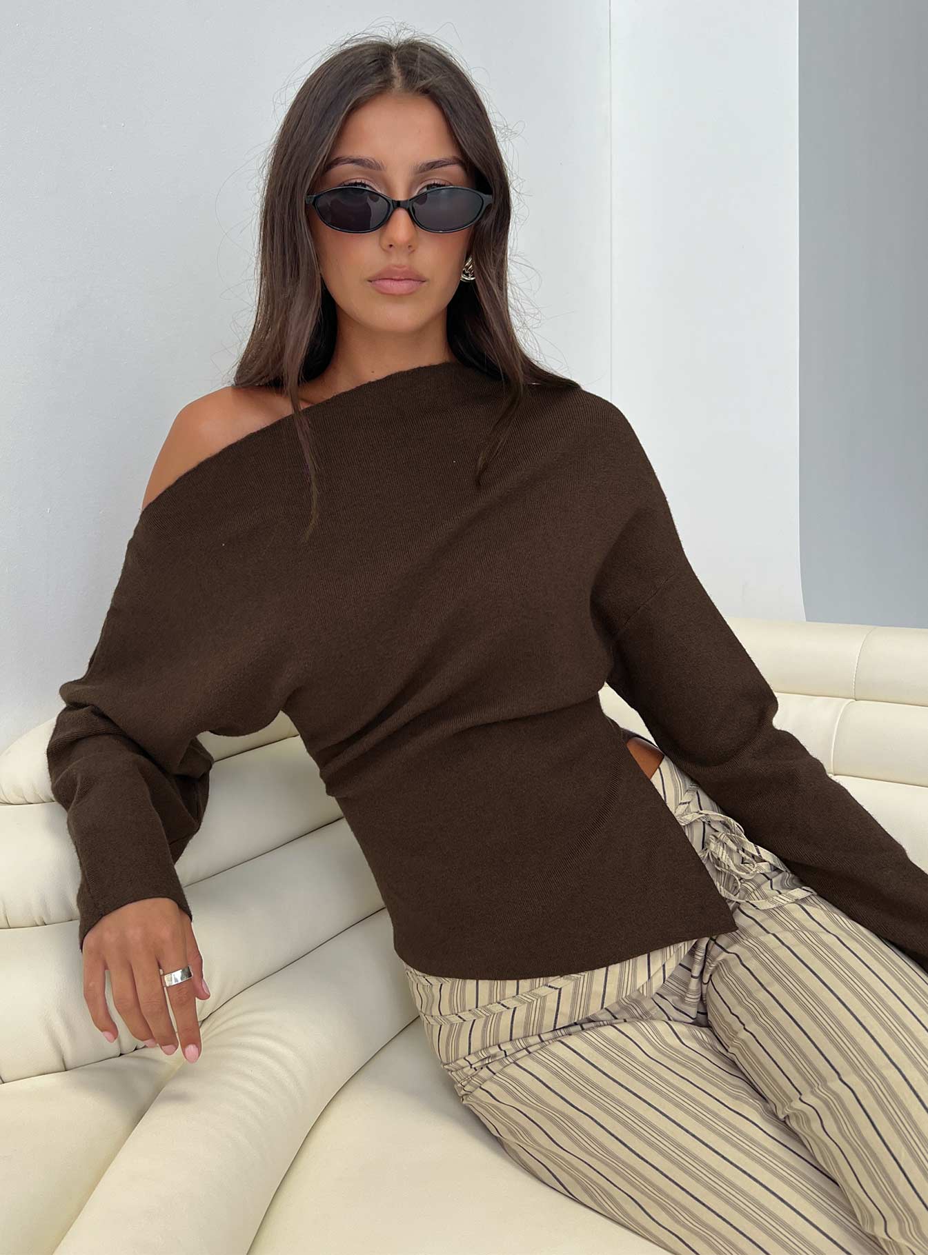 front view of model wearing Princess Polly Kaelith Off Shoulder Knit Sweater Brown Longline Jumpers 