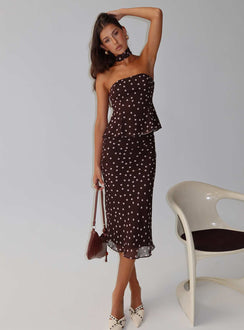   side view of model wearing Princess Polly Sydni Midi Bias Cut Skirt Chocolate / Pink Polka Midi Skirts 