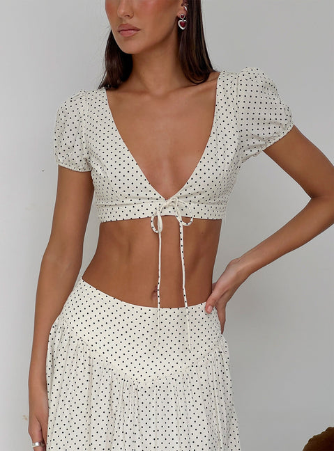 Alletta Tie Up Micro Crop Top Cream Polka
