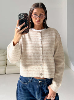 front view of model wearing Princess Polly Raynna Button Up Cardigan Beige Stripe Cropped Jumpers Jumpers 