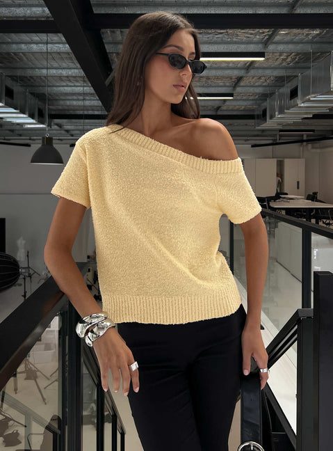 Nori Boucle Off Shoulder Slouchy Top Butter Yellow