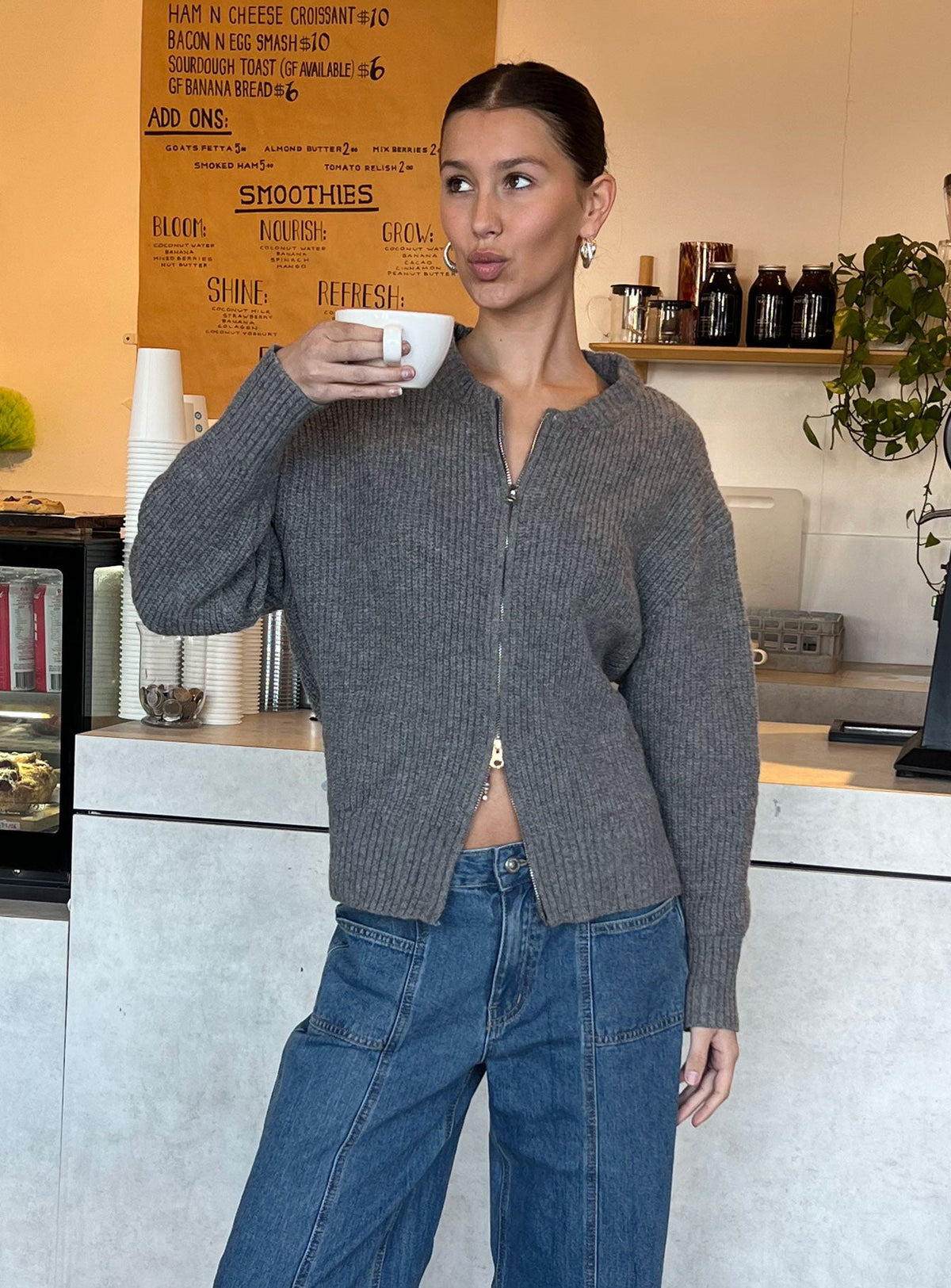 front view of model wearing Princess Polly Lexene Zip Through Jumper Grey Longline Jumpers Jumpers 