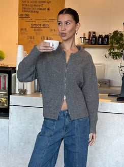 front view of model wearing Princess Polly Lexene Zip Through Jumper Grey Longline Jumpers Jumpers 