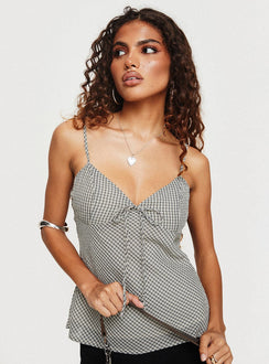 back view of model wearing Princess Polly Me Espresso Top Black / Beige Sleeveless Plunger 