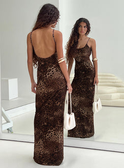 back view of model wearing Princess Polly Knox Maxi Dress Leopard Scoop Neck 