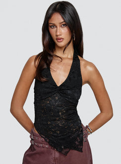 front view of model wearing Princess Polly Alviera Lace Halter Top Black Sleeveless V-Neck 