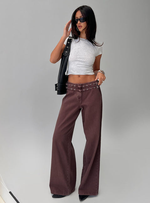front view of model wearing Princess Polly Baccarat Belted Pant Chocolate Mid Rise 