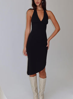 front view of model wearing Princess Polly Whimsy Asymmetrical Midi Dress Black V-Neck 