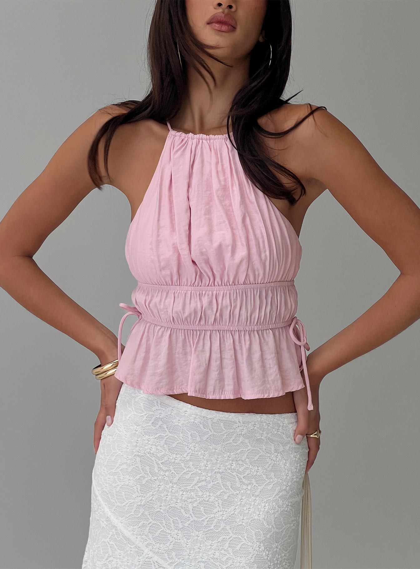 front view of model wearing Princess Polly Rozier Top Pink Sleeveless Crew Neck 