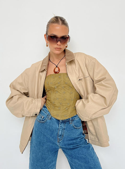 Jacket Corduroy classic collar Brass toned hardware Zip front fastening Twin hip pockets Snap button closure along cuffs Plaid lining