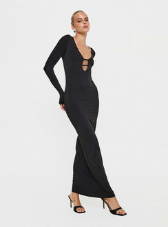 Long sleeve maxi dress Low neckline, cut out detail at bust Good stretch, fully lined Princess Polly Lower Impact