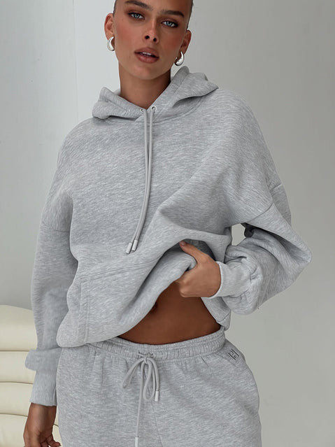 front view of model wearing Princess Polly Dream Fleece Classic Hoodie Grey Marle Longline Jumpers 