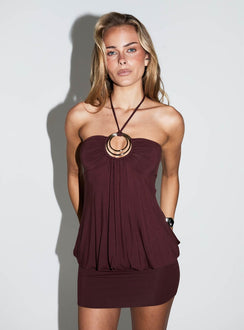 Betsey Ring Detail Tie Neck Mini Dress Burgundy