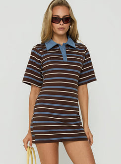 Klare Polo V Neck Mini Dress Chocolate Stripe