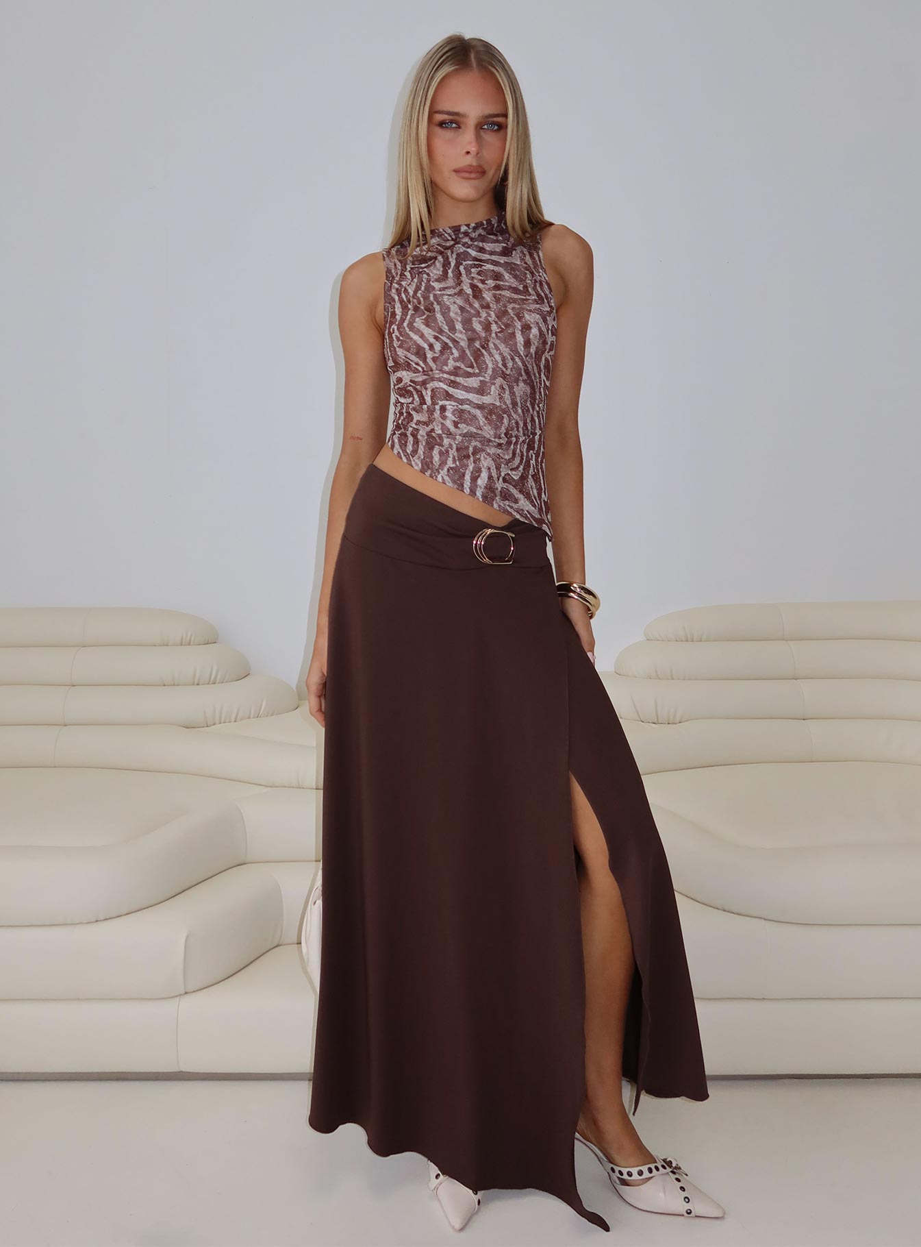   front view of model wearing Princess Polly Nola Hardware Slit Maxi Skirt Brown Maxi 