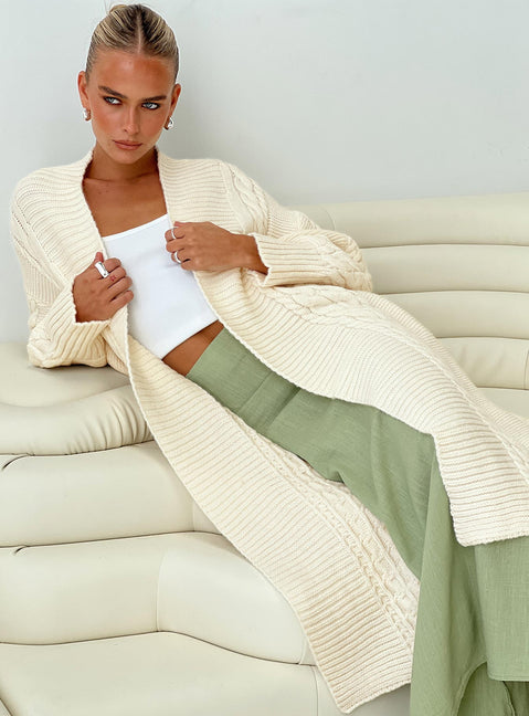 Longline cardigan Cable knit material, drop shoulder, ribbed trim Good stretch, unlined 