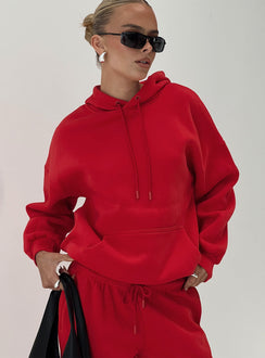 front view of model wearing Princess Polly Dream Fleece Classic Hoodie Red Long 
