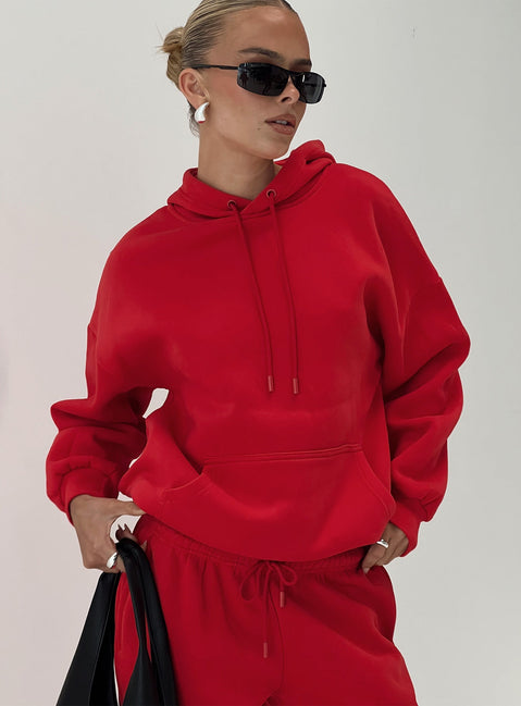 front view of model wearing Princess Polly Dream Fleece Classic Hoodie Red Long 