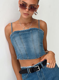 back view of model wearing Princess Polly Vihaan Top Blue Wash Sleeveless Square Neck 