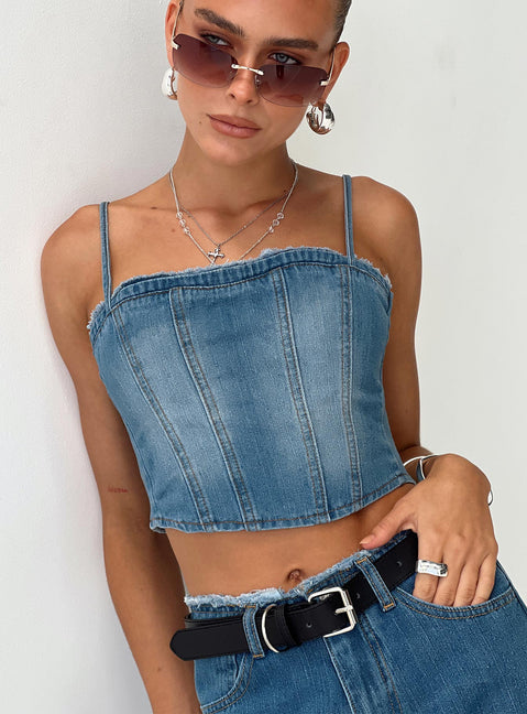 back view of model wearing Princess Polly Vihaan Top Blue Wash Sleeveless Square Neck 