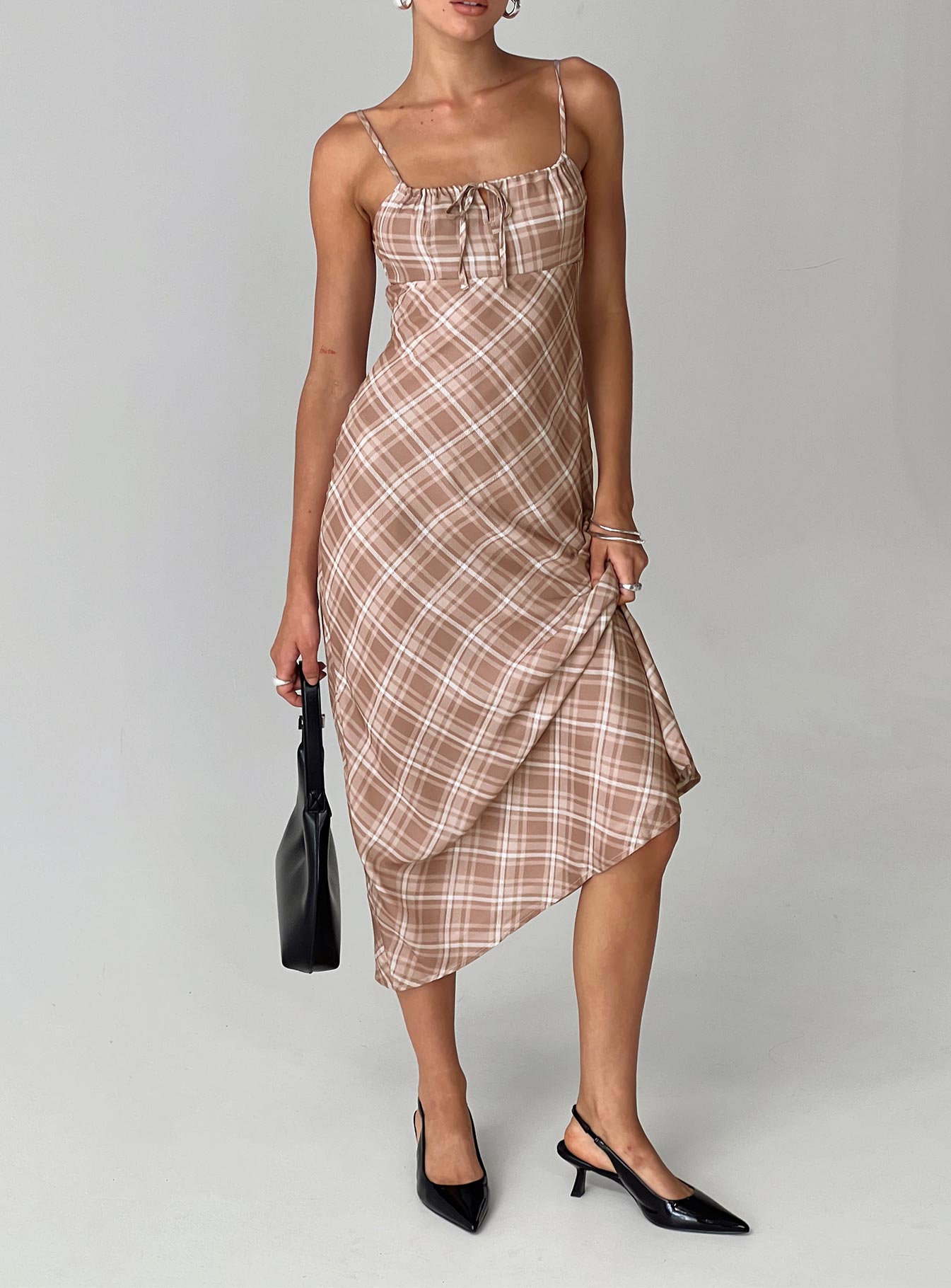 front view of model wearing Princess Polly Wallin Maxi Dress Brown Check Square Neck 