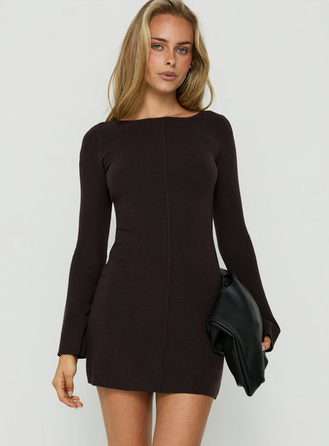 Samire Long Sleeve Rib Knit Mini Dress Chocolate