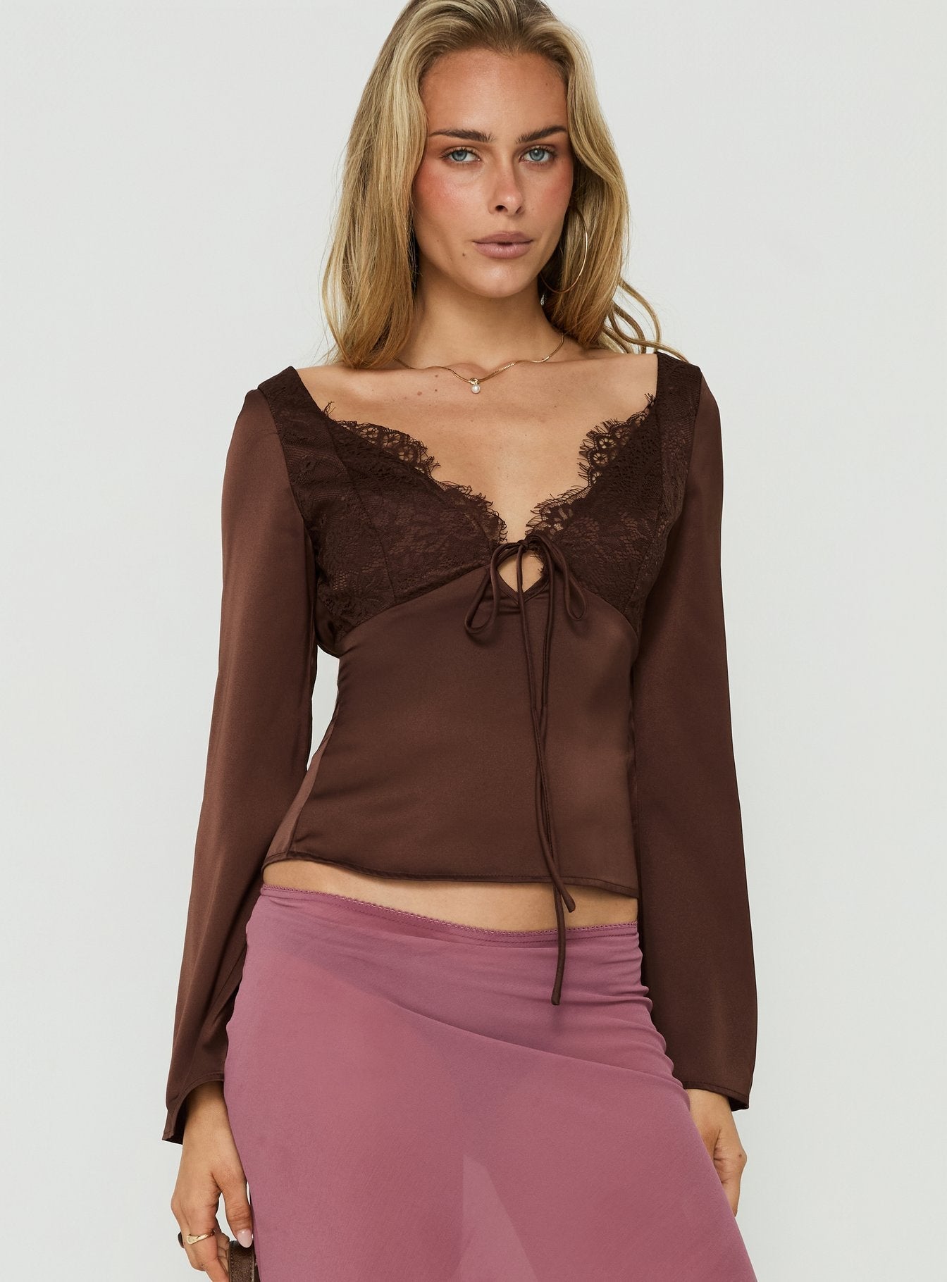 Jerelyn Lace Bust Long Sleeve Top Chocolate