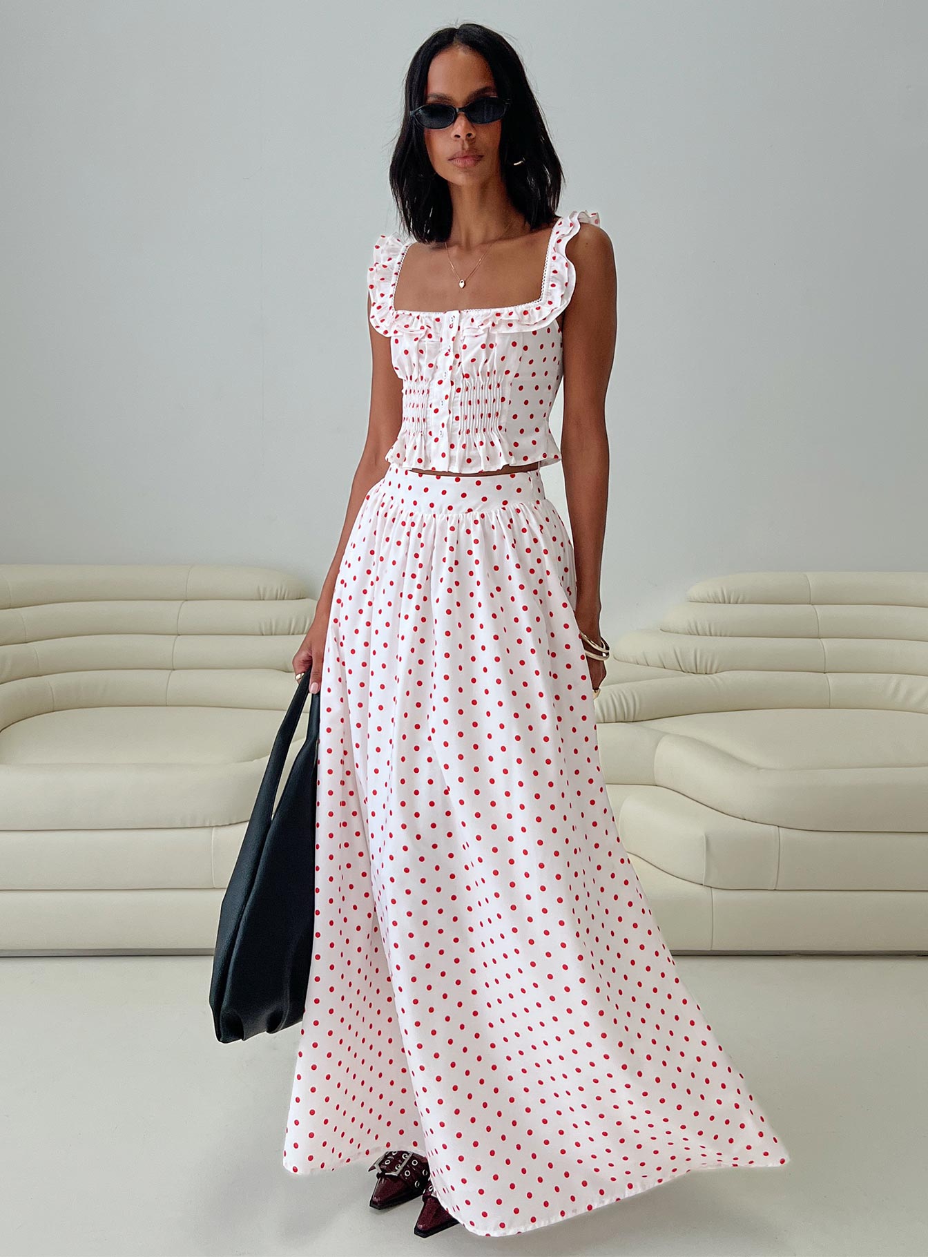   front view of model wearing Princess Polly Valerio Maxi Skirt White / Red Maxi 