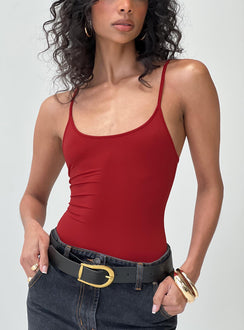 front view of model wearing Princess Polly Geary Bodysuit Red Sleeveless Scoop Neck 