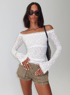 front view of model wearing Princess Polly Mochapella Off The Shoulder Top White Full Sleeves straight 