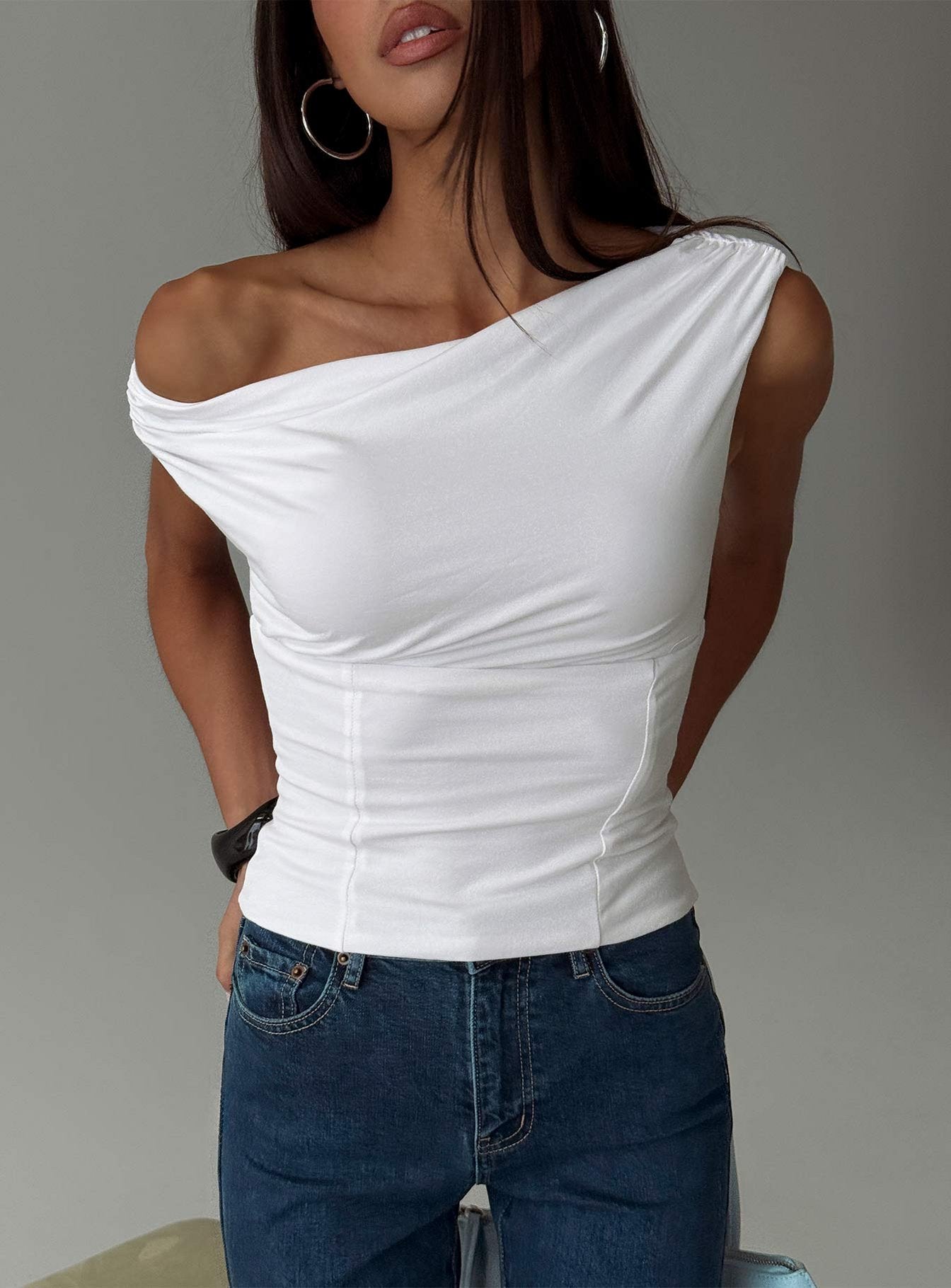 Aidyn Gathered One Shoulder Top White