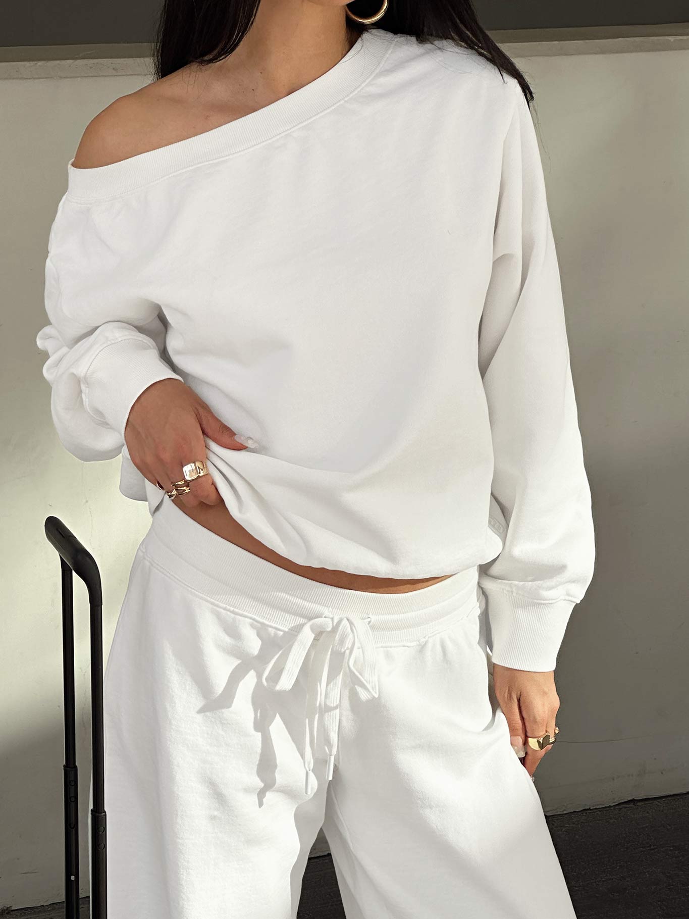 front view of model wearing Princess Polly Wellness Off The Shoulder Jumper Washed White 
