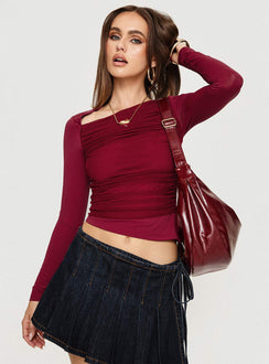 Long sleeve top Mesh ruched detail, asymmetric neckline & hem Good stretch, partially lined 